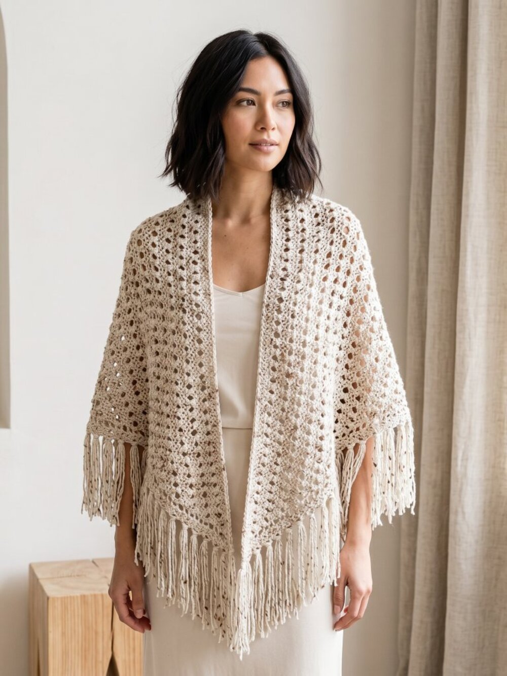 NEW Aran Cream Flecked Hand Knit‎ Shawl Wrap Scarf Boho Hippie Eyelet Cottage